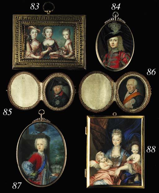 Peter Paul Lens - A young gentleman wearing a black tricorn hat adorned with plumes, full face in silver-bordered red coat with slashed sleeves and silver frogging; purple curtain background