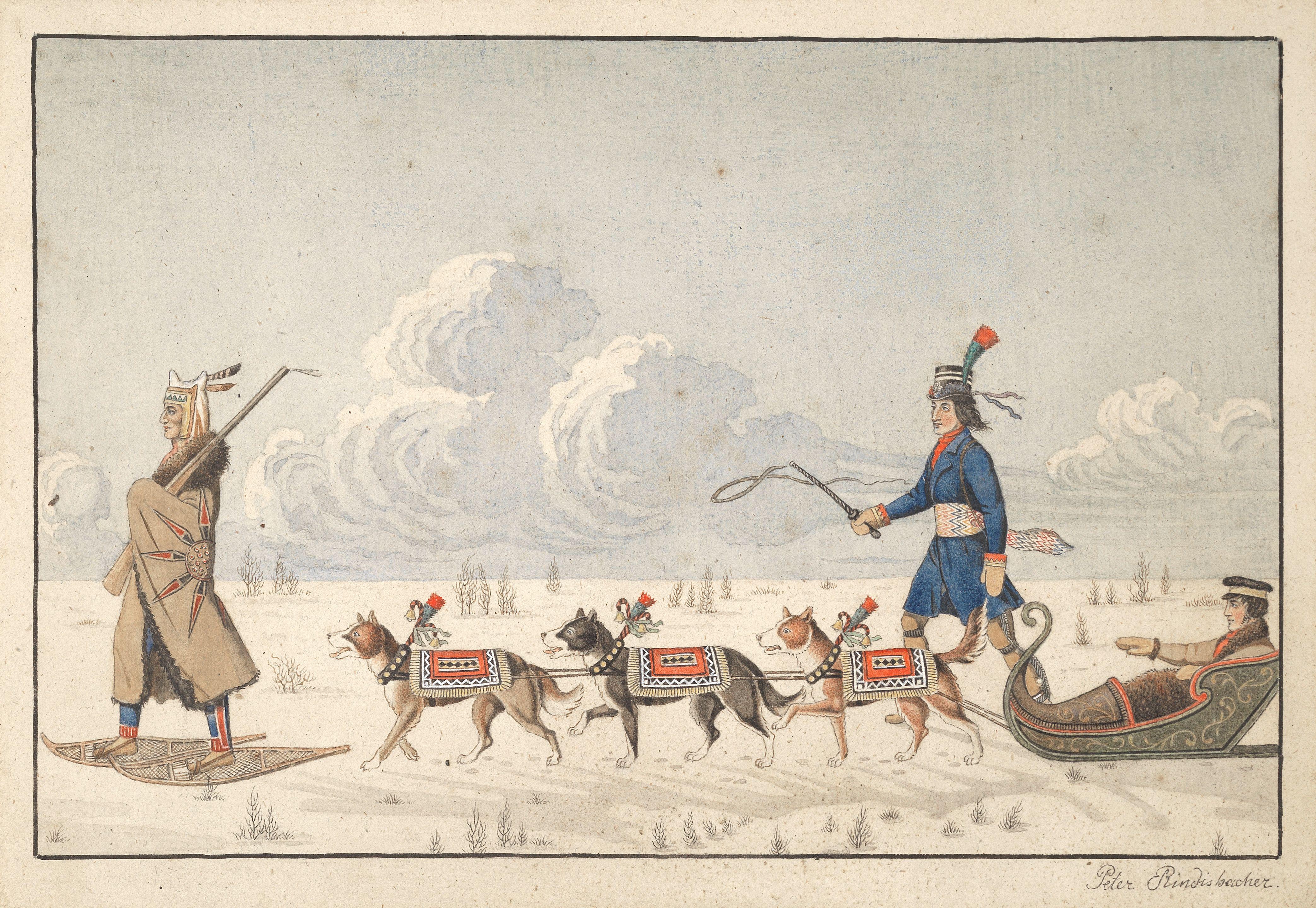 Peter Rindisbacher - A Gentleman Travelling in a Dog Cariole in Hudson\'s Bay with an Indian Guide