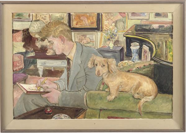 Peter Samuelson - Portrait of a young man, sketching in an interior, his faithful companion by his side