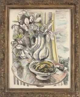 Peter Samuelson - Tulips In A Vase On A Table, A Landscape Beyond; And Lilies In A Vase With A Plate of Bananas To The Side