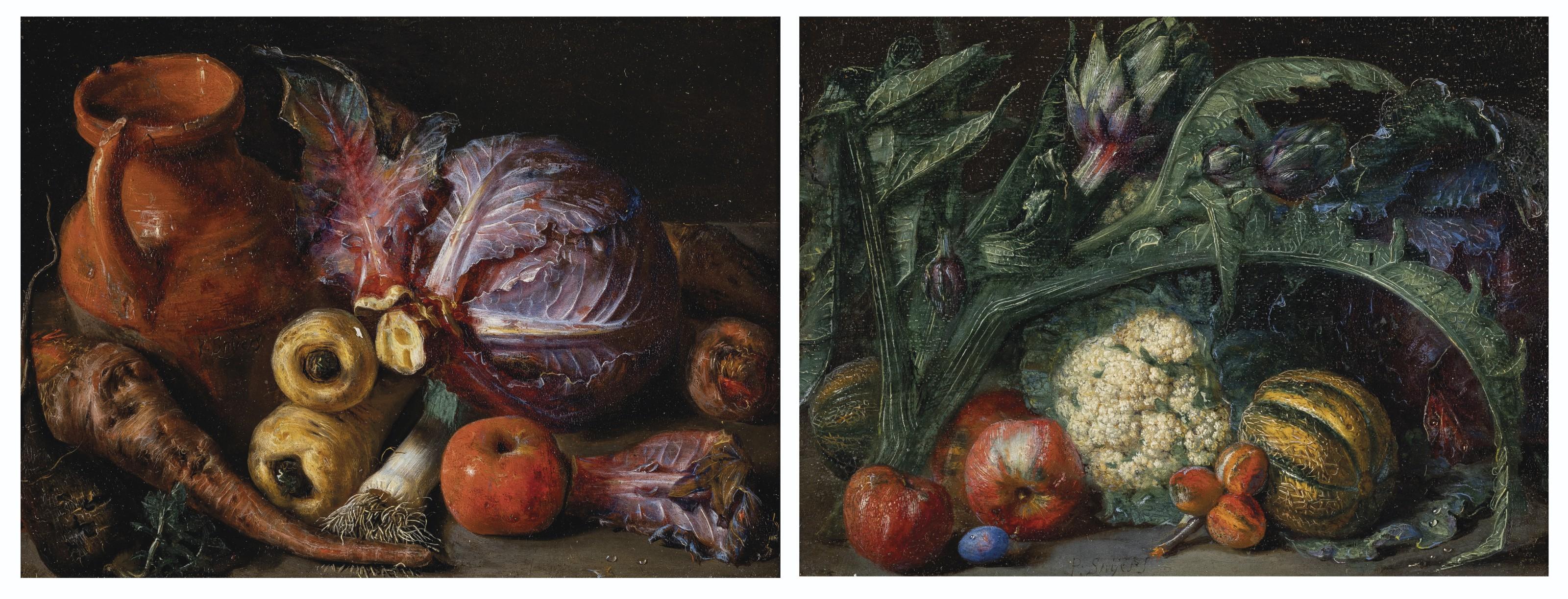 Peter Snijers - A jug, a cabbage and carrots on a ledge; and Artichokes, apples and melons on a ledge