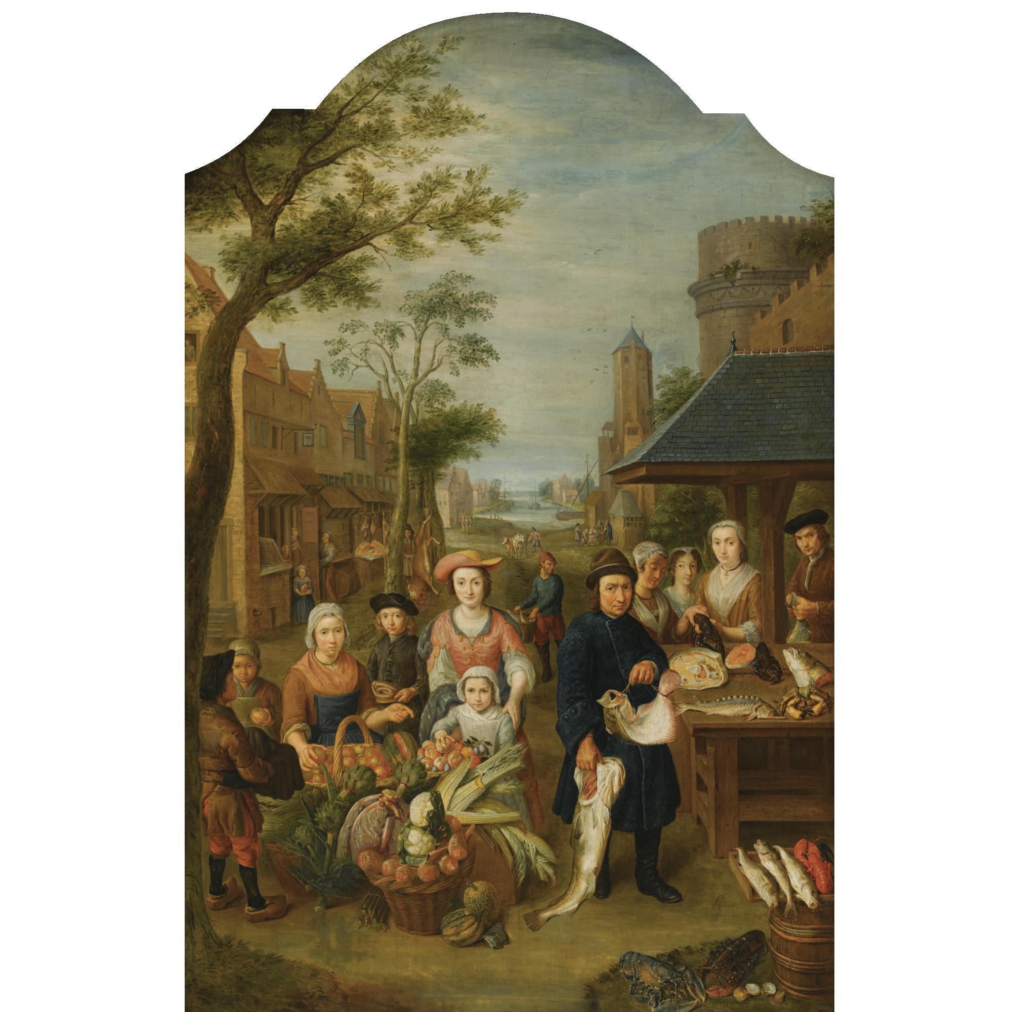 Peter Snijers - A Village Market Scene With Elegant Figures Near A Fish Stall, A Woman Selling Fruit And Vegetables, A Meat Stall In The Background And A Church Tower Beyond 