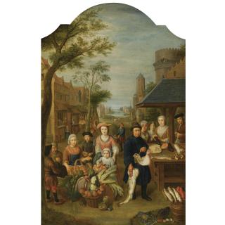 Peter Snijers - A Village Market Scene With Elegant Figures Near A Fish Stall, A Woman Selling Fruit And Vegetables, A Meat Stall In The Background And A Church Tower Beyond 