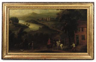 Peter Tillemans - A river landscape with horsemen resting on a track before a cottage