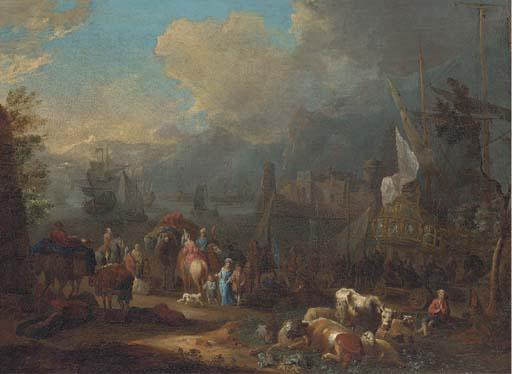 Peter Tillemans - An Italianate Harbour With Peasants And Elegant Figures By A Frigate