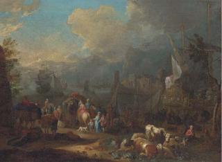 Peter Tillemans - An Italianate Harbour With Peasants And Elegant Figures By A Frigate