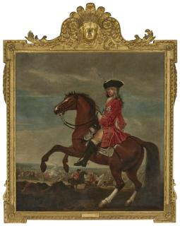 Peter Tillemans - Frederick, Prince of Wales (1707-1751) in a scarlet military coat with the Star of the Order of the Garter, mounted on his charger, a battle scene beyond