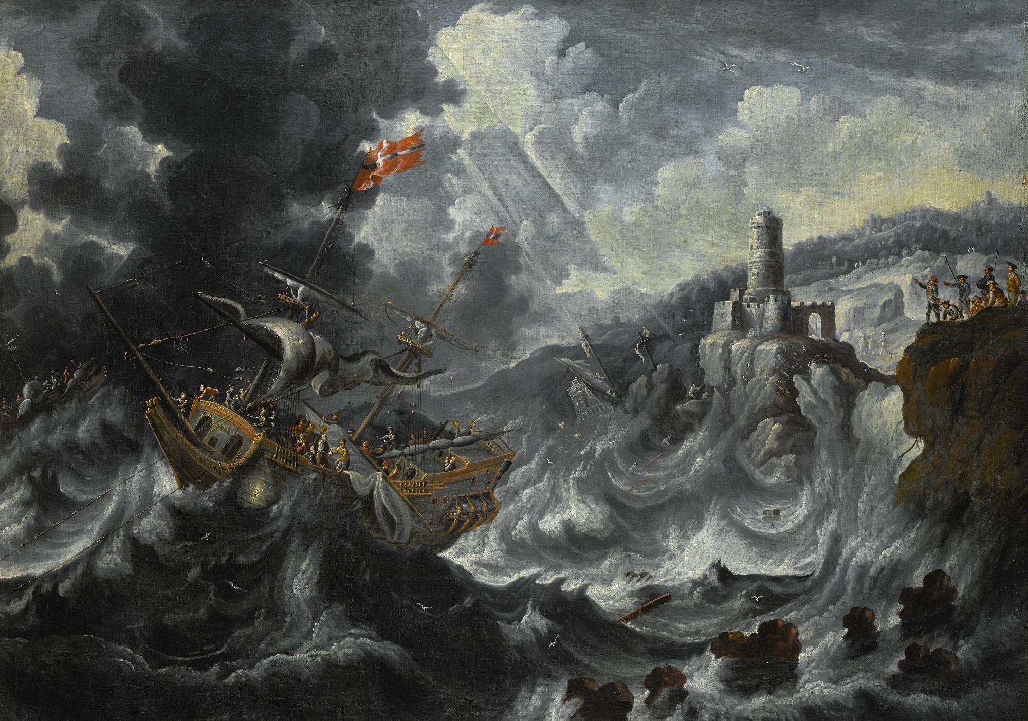 Peter Van de Velde - A Coastal Landscape With Shipping In A Tempestuous Sea