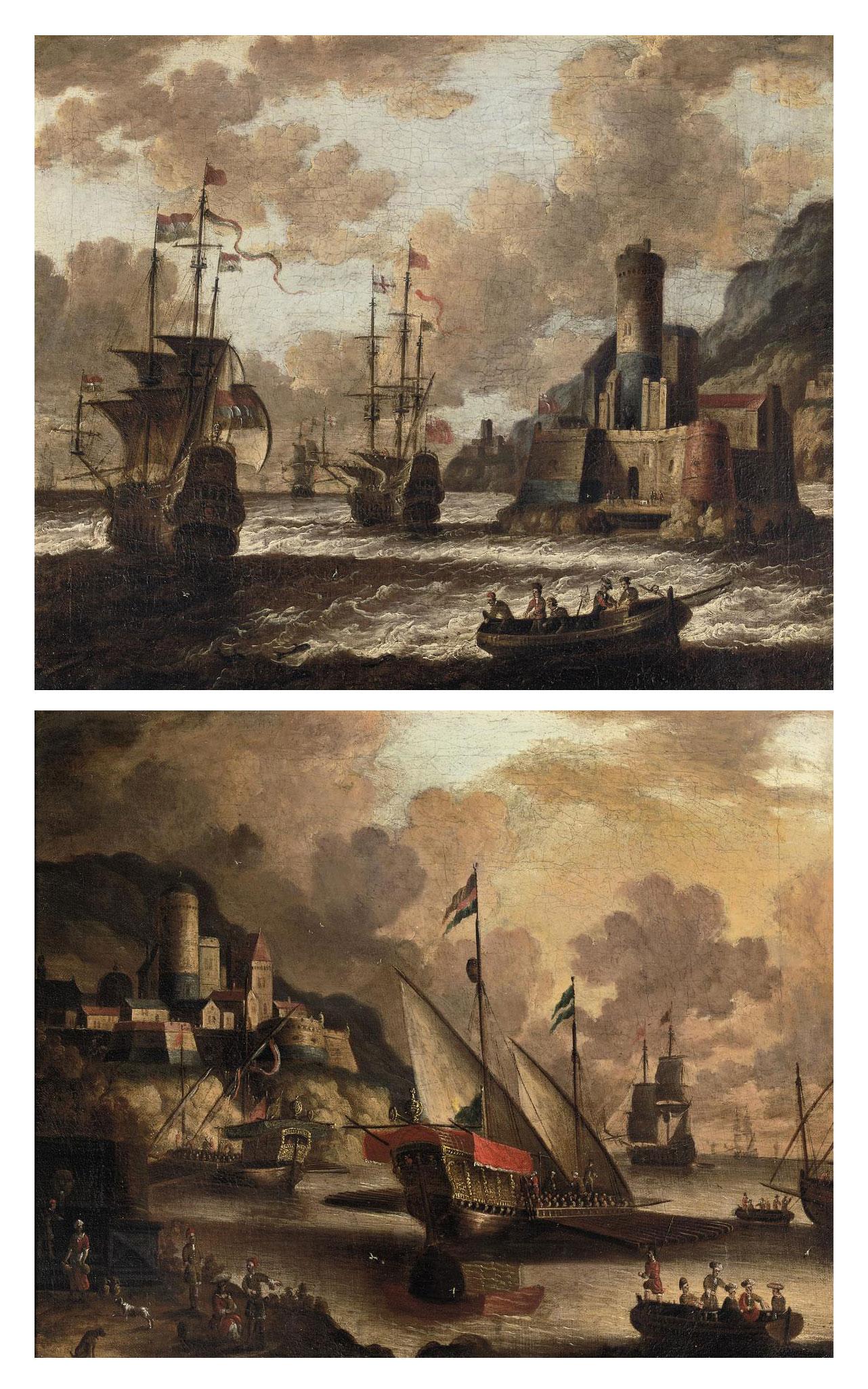 Peter van de Velde - Dutch and English Man O\'War off the coast near a fortified town; and Galley\'s and other ships at anchor in a natural harbor near a fortified town