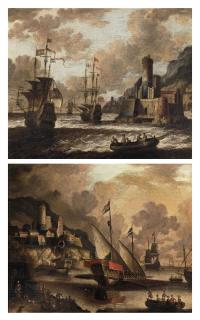 Peter van de Velde - Dutch and English Man O\'War off the coast near a fortified town; and Galley\'s and other ships at anchor in a natural harbor near a fortified town