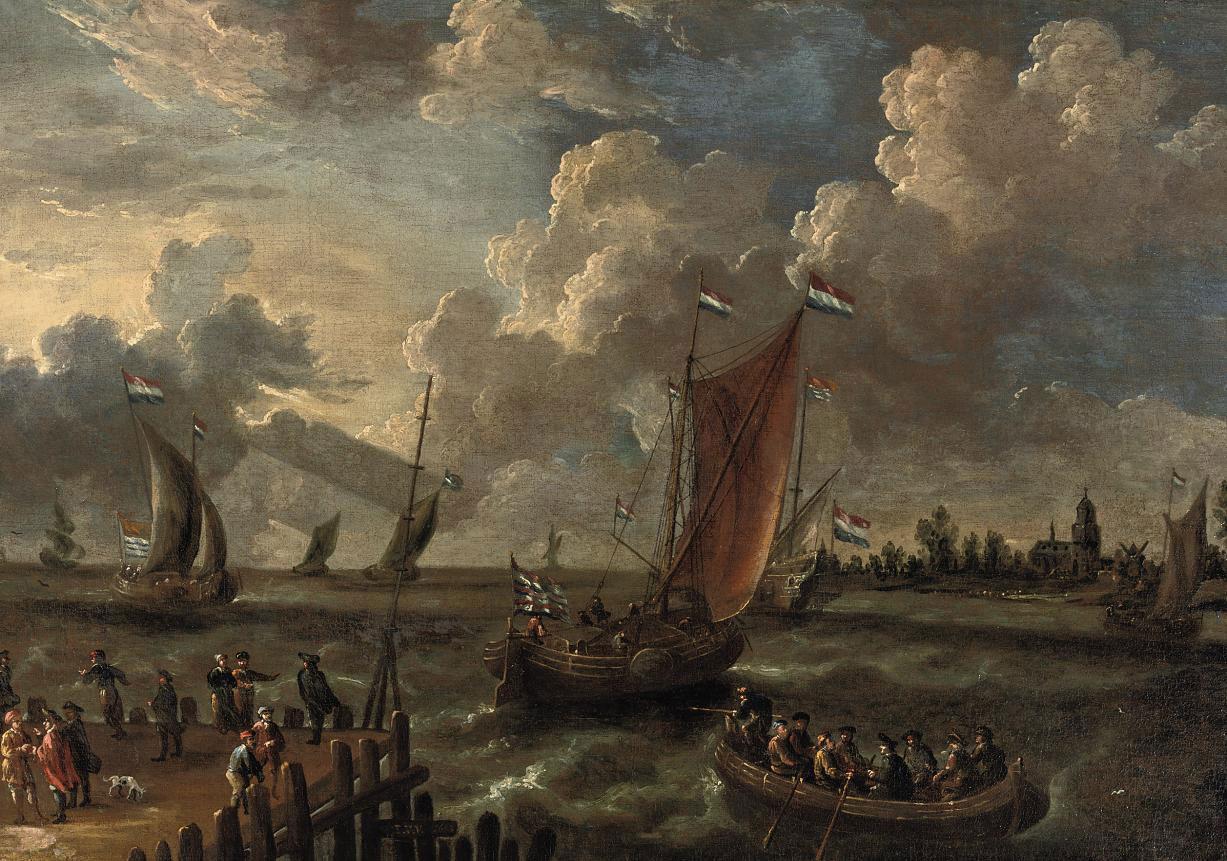 Peter van de Velde - Shipping in an estuary with figures on a jetty and a town beyond