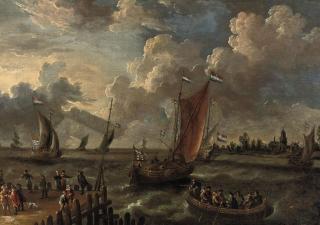 Peter van de Velde - Shipping in an estuary with figures on a jetty and a town beyond