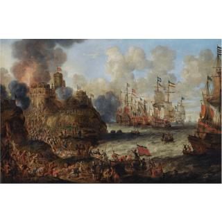 Peter van de Velde - The Siege Of A Levantine Castle With Numerous Figures In Battle, Warships In Choppy Waters Beyond