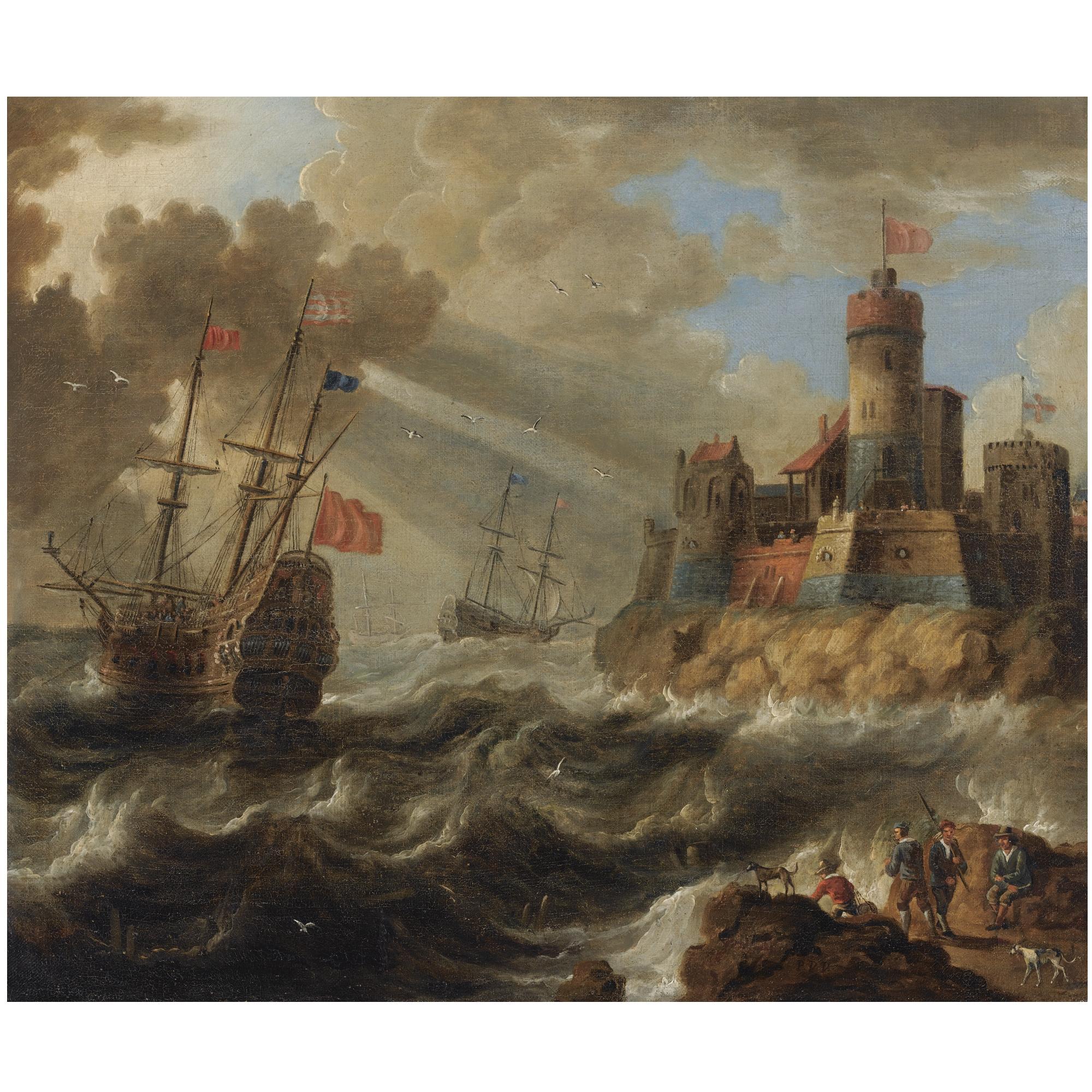 Peter Van De Velde - Two Men-O\' War In A Rough Sea Near A Rocky Coast With A Fortified Town, Fishermen On The Rocks In The Foreground