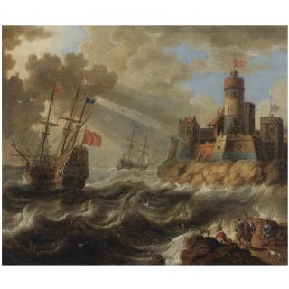Peter Van De Velde - Two Men-O\' War In A Rough Sea Near A Rocky Coast With A Fortified Town, Fishermen On The Rocks In The Foreground