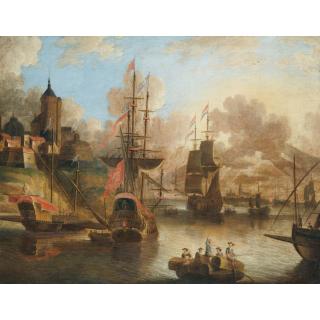 Peter van de Velden - English And Dutch Shipping At Anchor Before An English Fort