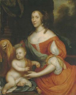 Peter Verelst - Portrait of A Lady And Her Child, Three-Quarter-Length, She In A Red Silk Dress, The Child Seated Next To Her, A Landscape Beyond