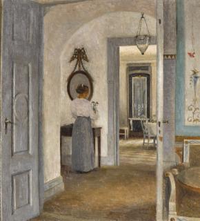Peter Vilhelm Ilsted - Danish interior With A Woman Before A Mirror, Liselund