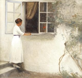 Peter Vilhelm Ilsted - Young woman in a white summer dress standing by an open window at Liselund