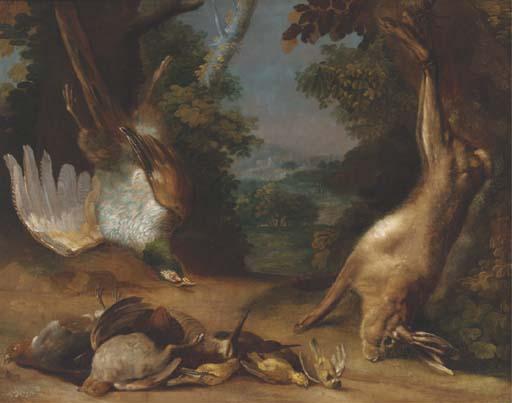 Peter von Bemmel - A Dead Hare And Pheasant With Partridge, Woodcock And Songbirds In A Landscape