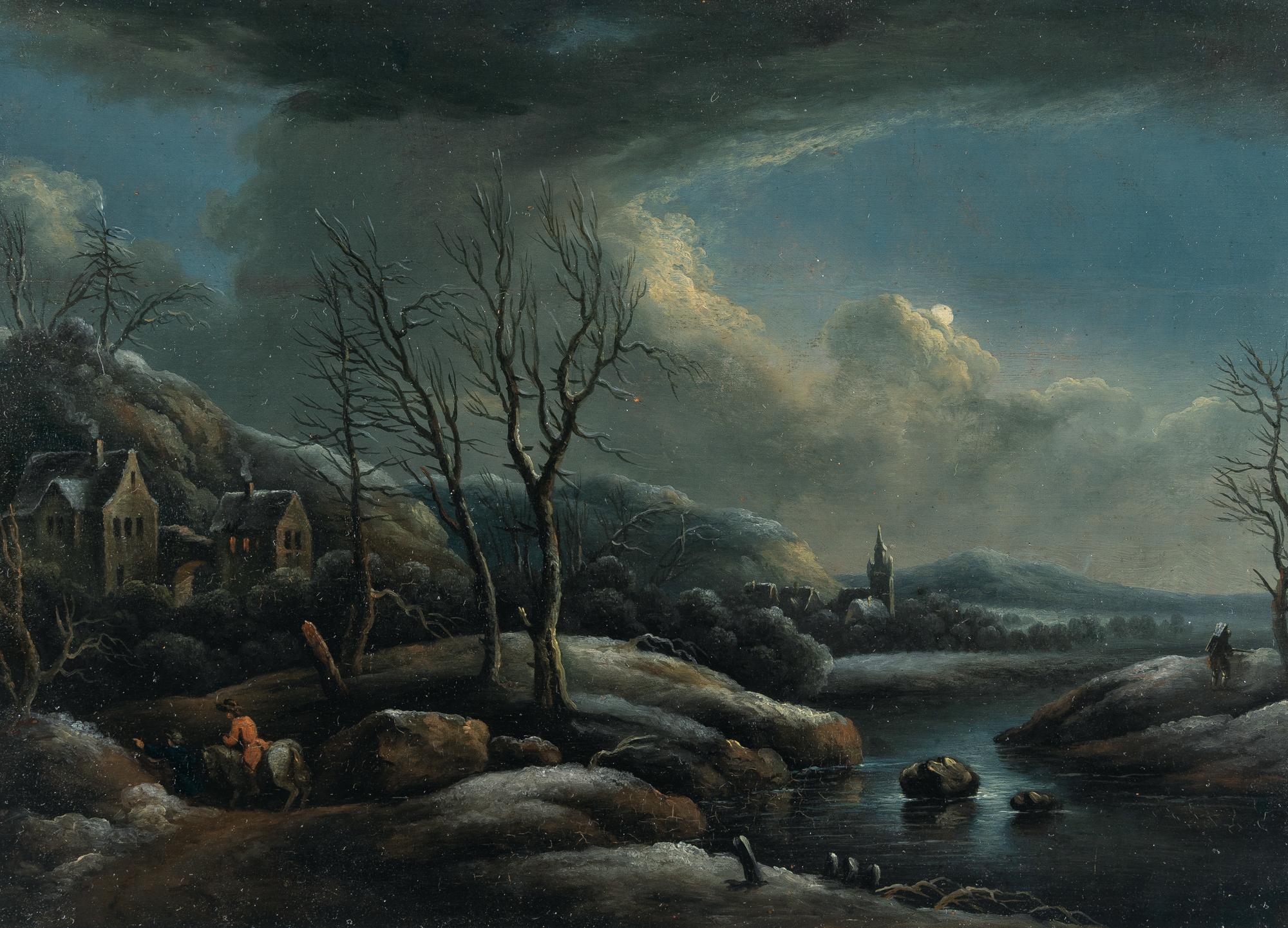 Peter von Bemmel - Hügelige Winterlandschaft mit Reiter in roter Jacke