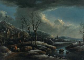 Peter von Bemmel - Hügelige Winterlandschaft mit Reiter in roter Jacke