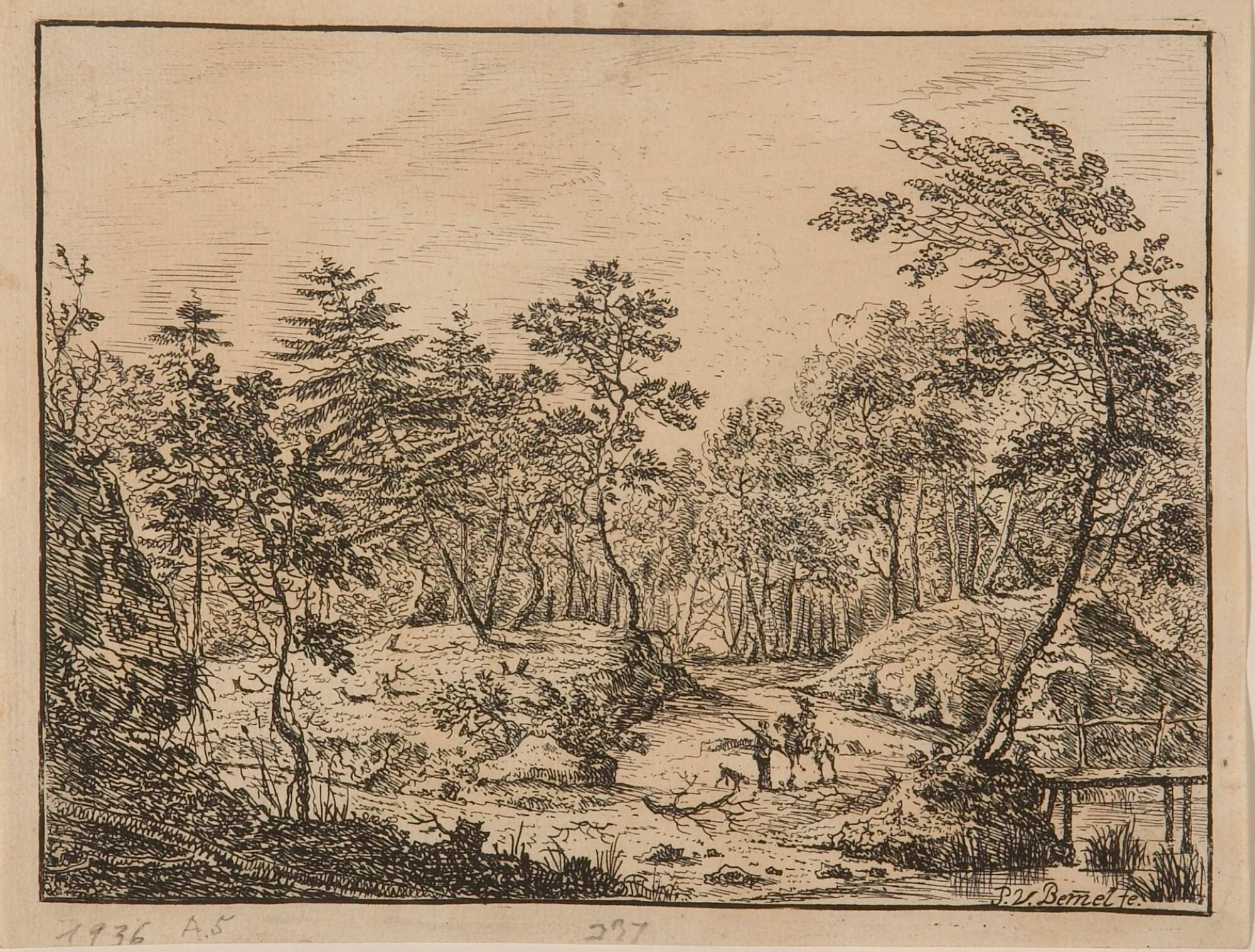 Peter von Bemmel - Waldige Flusslandschaft mit einem Jäger und einem Hund.