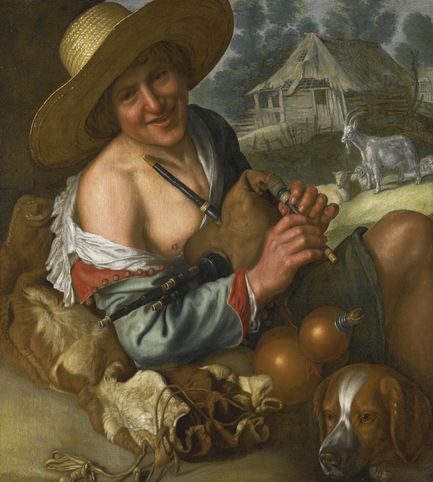 Peter Wtewael - A Goatherd With A Bagpipe And His Mastiff, In A Landscape With Goats Beyond