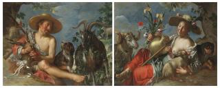 Peter Wtewael - A Shepherd piping on a knoll with a dog and his flock nearby; and A Shepherdess reclining on a knoll with a lamb, a hound, and a ram