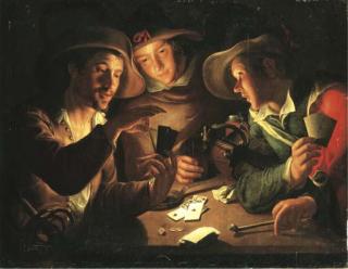 Peter Wtewael - Soldiers playing cards by candlelight