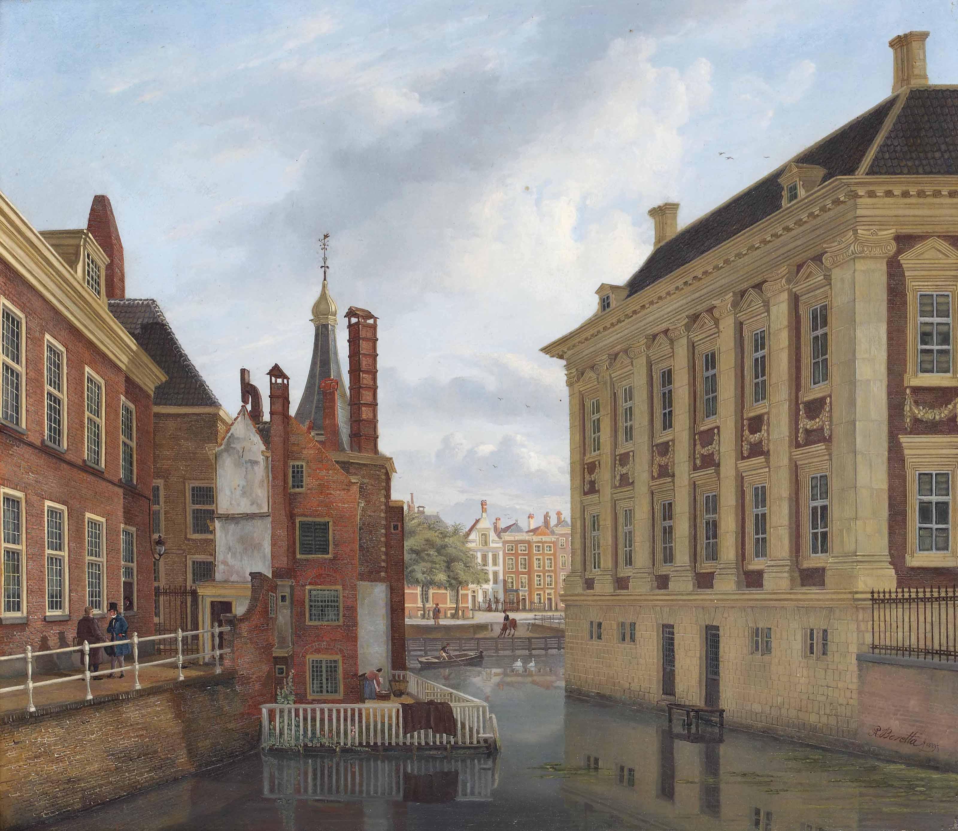 Petrus Augustus Beretta - A view of the Mauritshuis and the Torentje with the Hofvijver beyond, The Hague