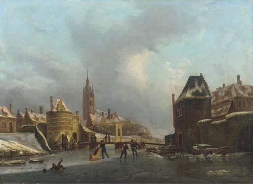 Petrus Augustus Beretta - Winterfun on a frozen canal by the Oosterpoort, Delft