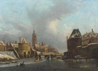 Petrus Augustus Beretta - Winterfun on a frozen canal by the Oosterpoort, Delft