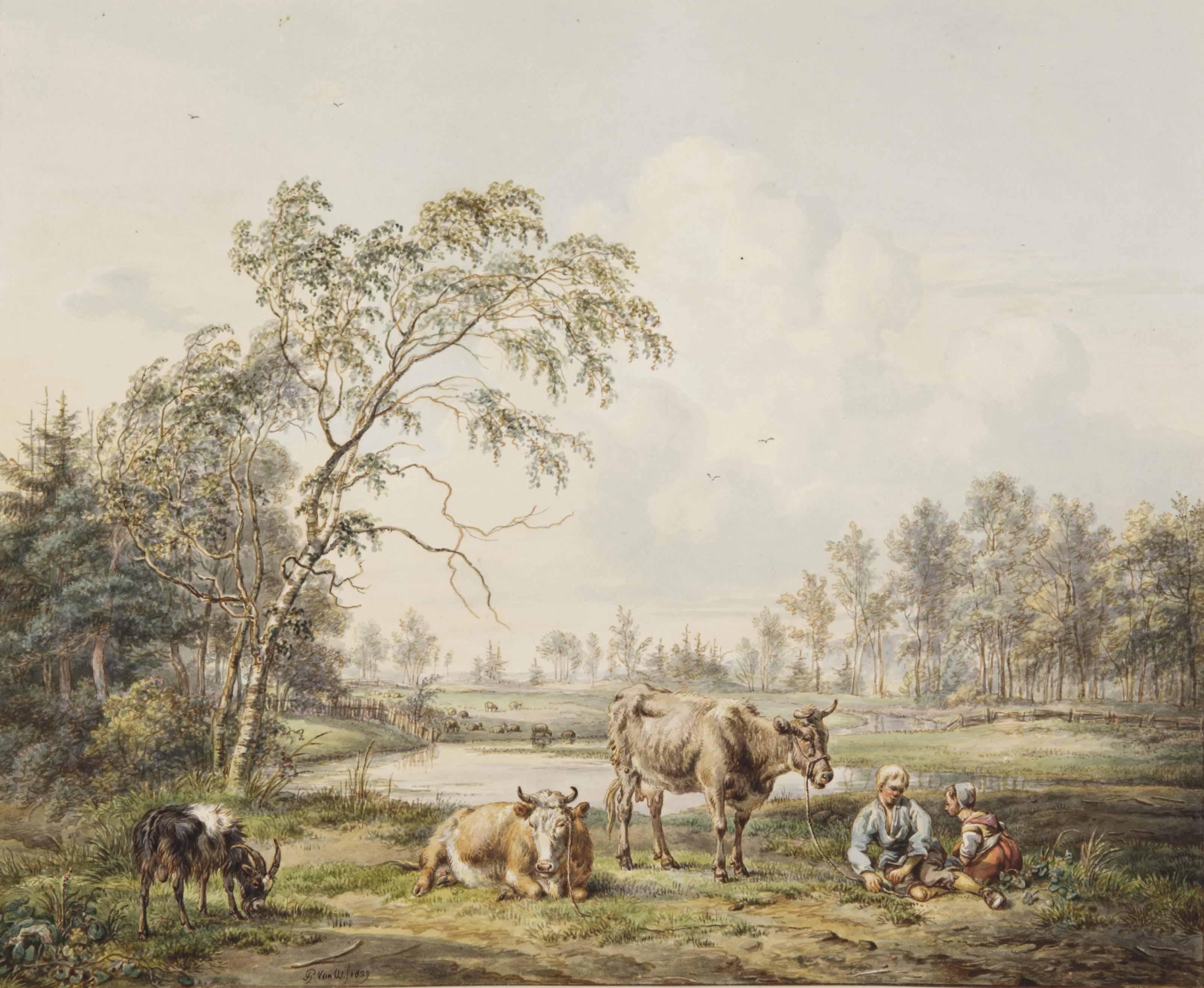 Petrus Gerardus Van Os - A young peasant couple and their animals resting by a pond