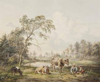 Petrus Gerardus Van Os - A young peasant couple and their animals resting by a pond