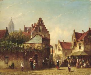 Petrus Gerardus Vertin - A bustling market on a Dutch street