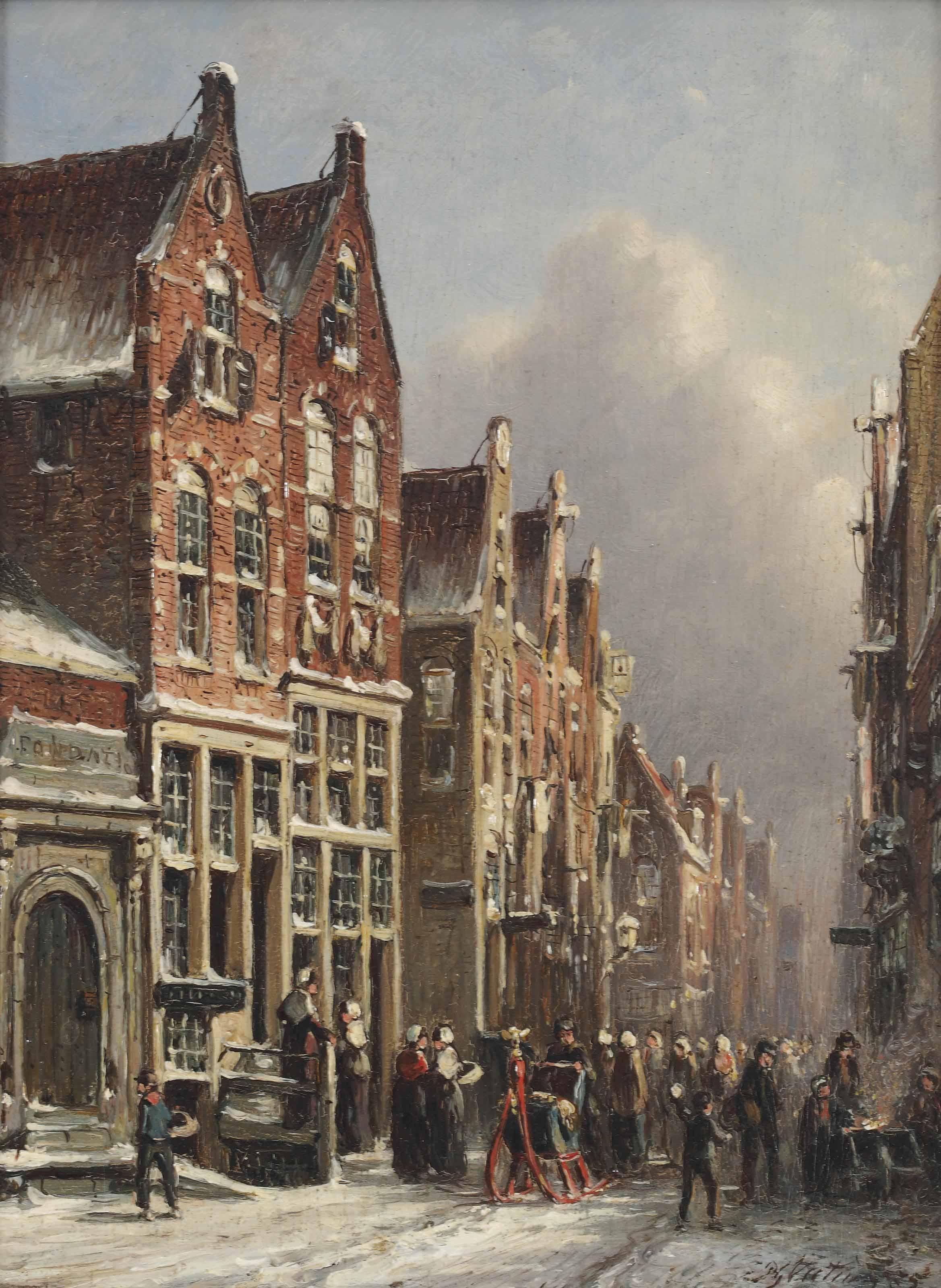Petrus Gerardus Vertin - A bustling streetscene in winter
