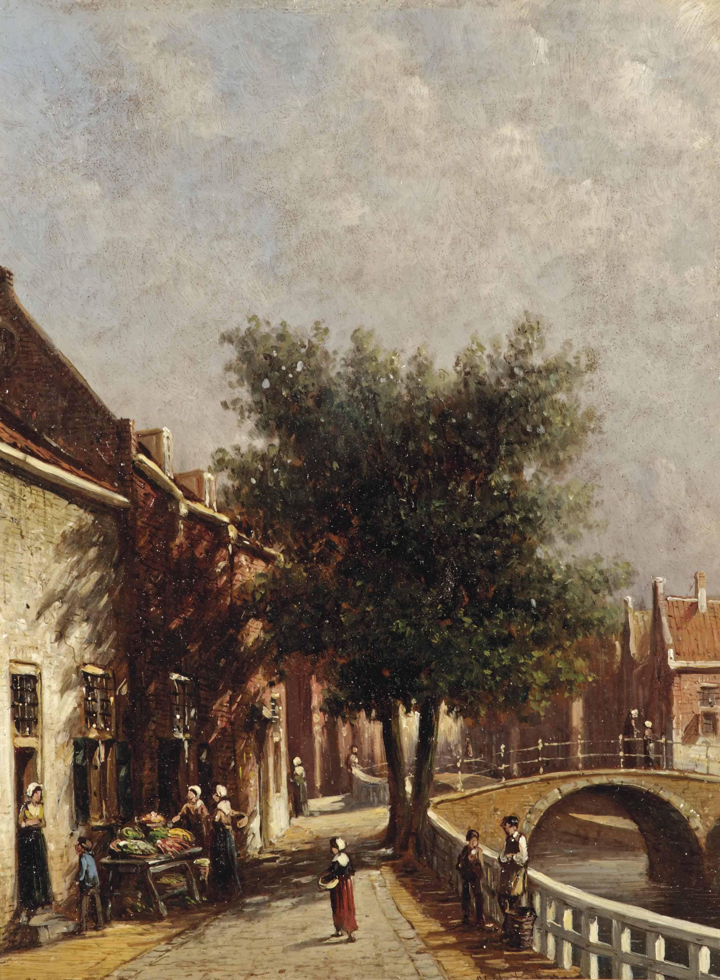Petrus Gerardus Vertin - A Sunlit Canal With Figures By A Vegetable Stall