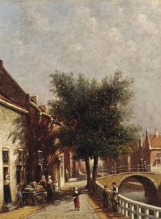 Petrus Gerardus Vertin - A Sunlit Canal With Figures By A Vegetable Stall