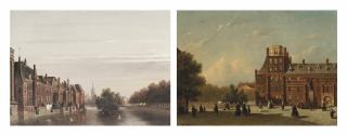 Petrus Gerardus Vertin - Elegant figures strolling along the Buitenhof, The Hague; and The Binnenhof as seen from Korte Vijverberg