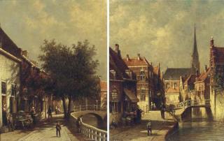 Petrus Gerardus Vertin - Figures along sunlit Dutch canals