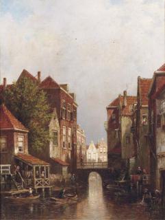 Petrus Gerardus Vertin - Figures By A Canal In A Dutch Town