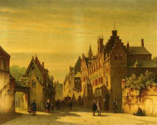 Petrus Gerardus Vertin - Hölländische Straßenszene mit aufmarschierenden Soldaten im Mittelgrund