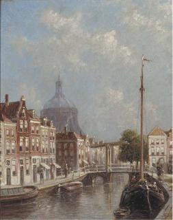 Petrus Gerardus Vertin - View of the Oude Singel, Leiden, with the Marekerk beyond