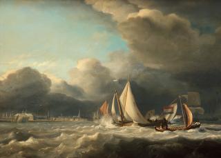 Petrus Jan Schotel - Dutch ships by the coast