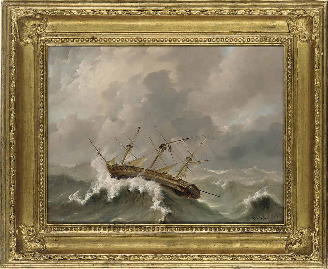Petrus Johannes Schotel - A dismasted frigate wallowing in the gale
