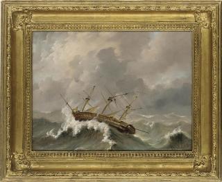 Petrus Johannes Schotel - A dismasted frigate wallowing in the gale