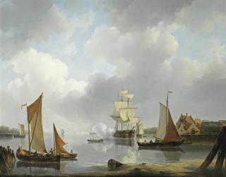 Petrus Johannes Schotel - A frigate firing a salute in the harbor entrance