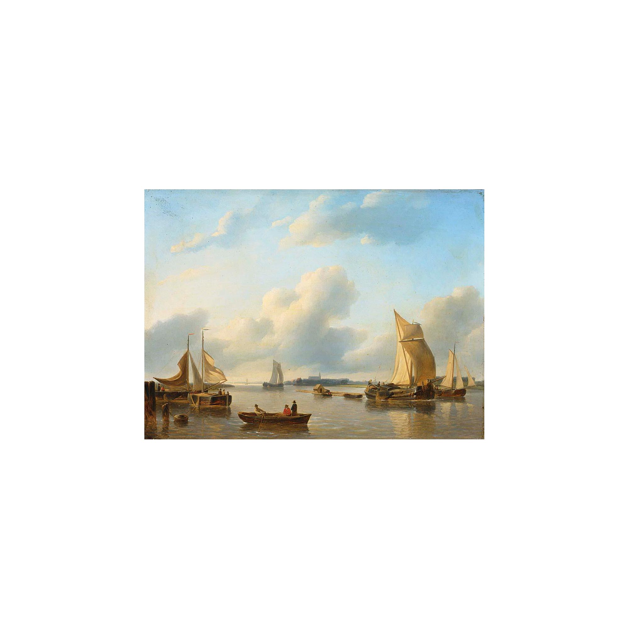 Petrus Johannes Schotel - A River Landscape With Sailing Vessels