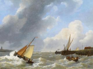 Petrus Johannes Schotel - Boote bei stürmischer See in der Flussmündung